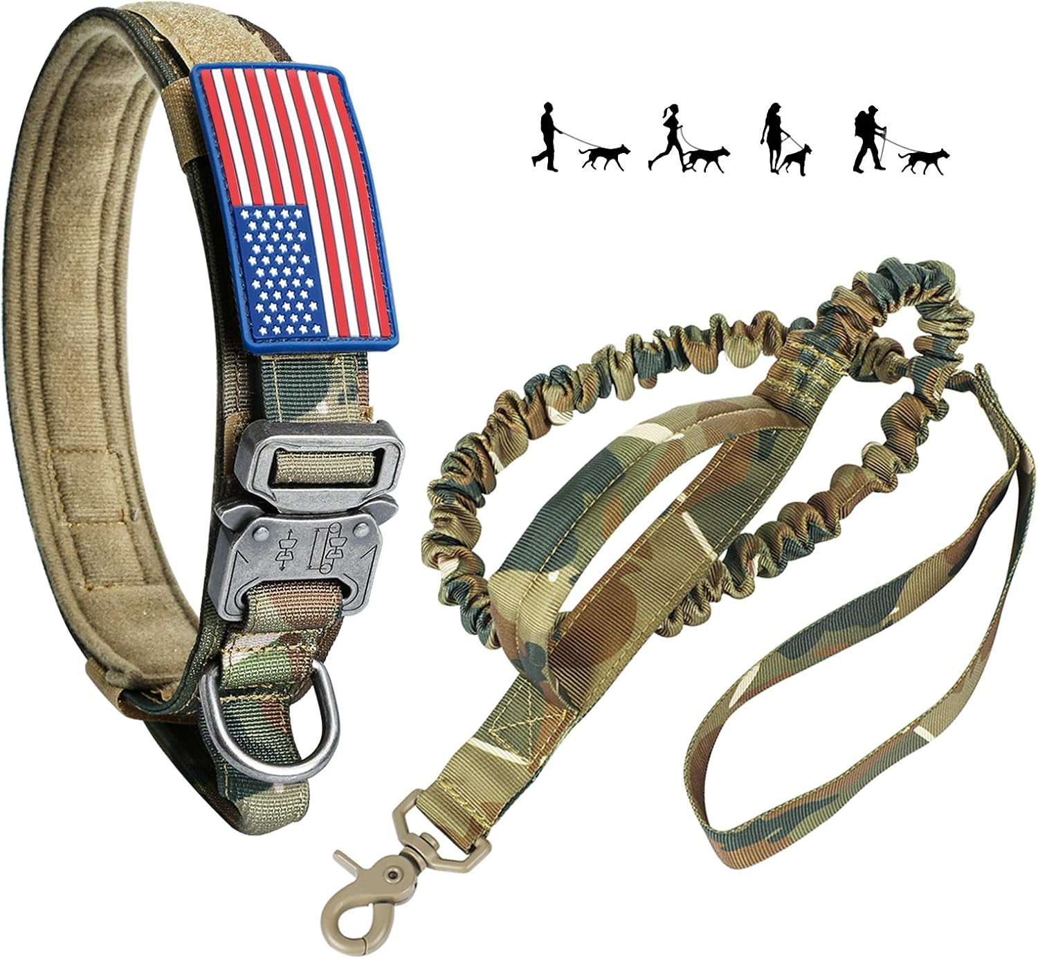 Tactical Dog Collar and Bungee Leash, Camo Military Dog Collar & Leash Set with USA American Flag Adjustable K9 Collar with Heavy Duty Metal Buckle & Handle for Training Medium Large Dogs(XL, Camo)
