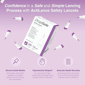 Dropsafe Acti-Lance Safety Lancet, Lite, 28 Gauge, 1.5mm, Top Button Activated Blood Testing, Ideal for Thin Skin, Sterile, Single-Use 200ct Box