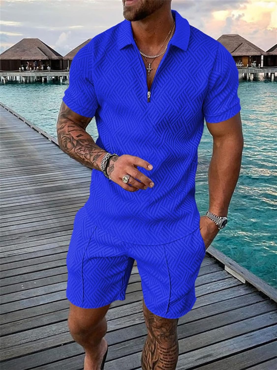 BIRW XL Blue Mens Short Sets 2 Piece Outfits Fashion Summer Tracksuits Casual Set Polo Shirt Short Sleeve and Shorts Set - Image 2