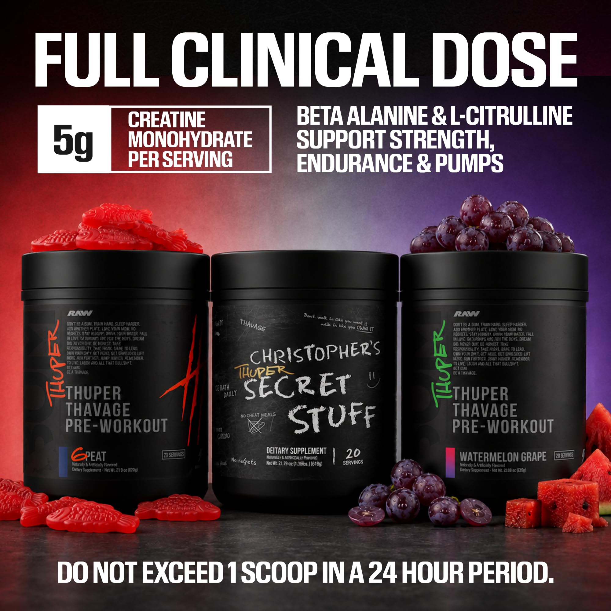 RAW Thuper Thavage Pre Workout Powder - High-Stim Preworkout with Creatine, Beta Alanine, L-Citrulline & Caffeine - Chris Bumstead Gym & Fitness Supplement for Men & Women - Watermelon Grape — Amazon image 4