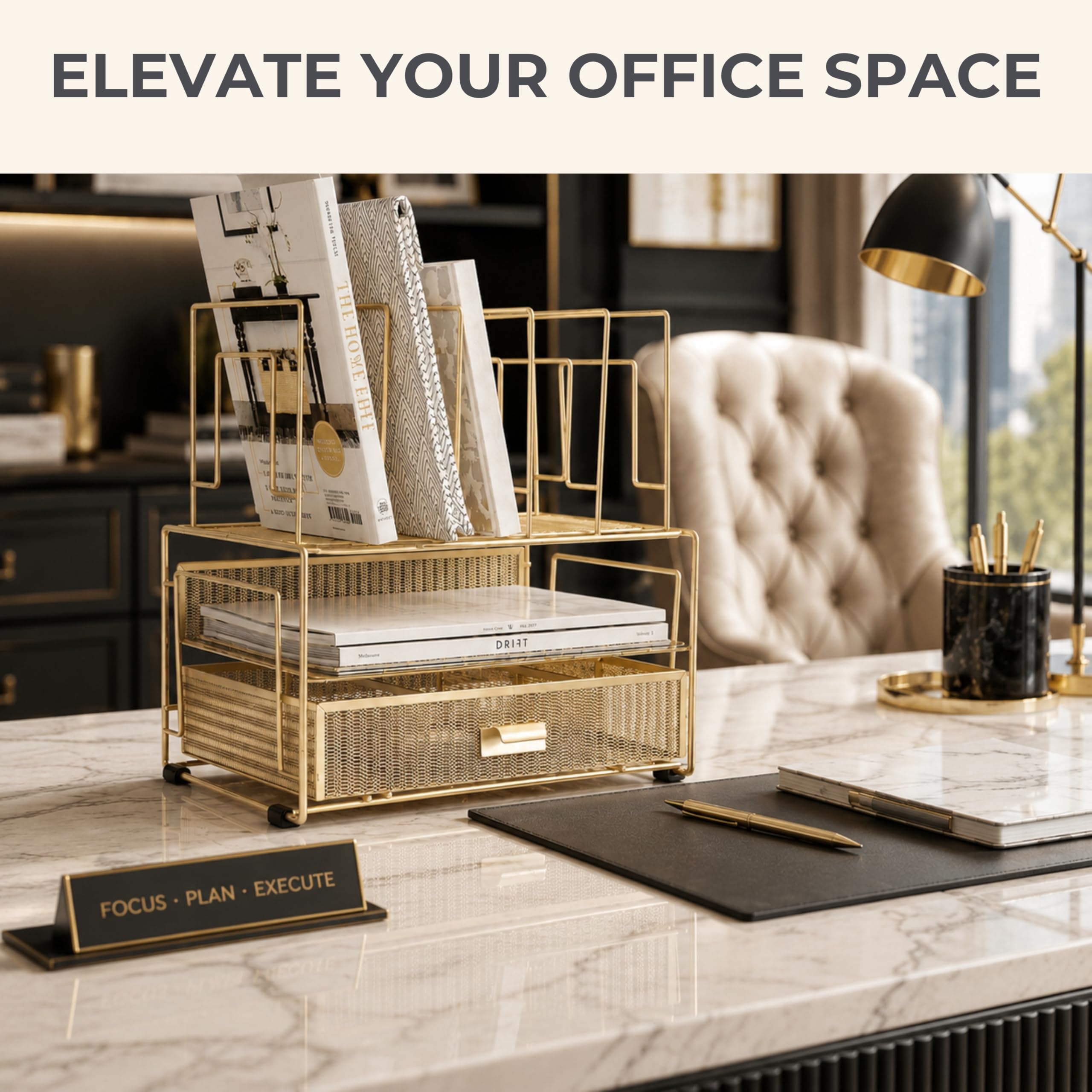 BLU MONACO Gold Desk Organizer – Cute File Holder for Desk & Drawer Storage for Office Supplies, Paper, Devices & Folders