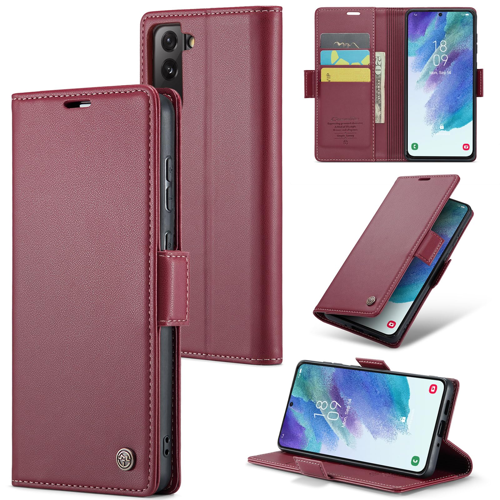 FCOZCKLOM Compatible with Samsung Galaxy S21 FE Wallet Case with RFID Blocking Card Holder,Kickstand Flip Folio Leather Phone Case for Samsung Galaxy S21FE 6.4 inch (Wine Red)