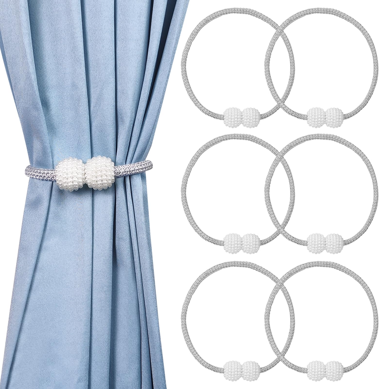 HFZRZFH 6 Pcs Magnetic Curtain Tiebacks with Pearl Decoration, Convenient Grey Drape Holdbacks for Easy Window?Best for Home and Office Decor