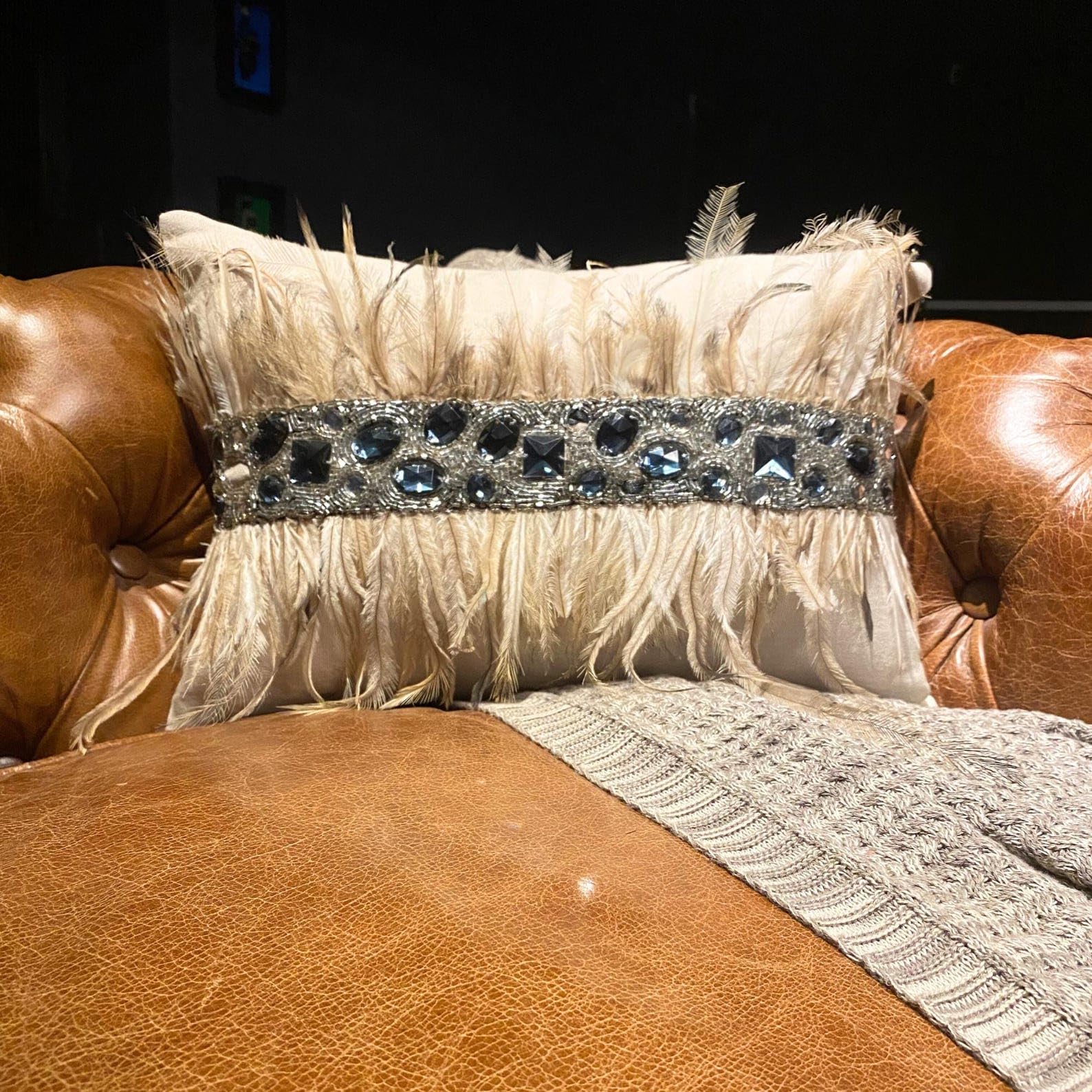 Hecho a mano Beige Amortiguar, Paquete de 2, 30x55 cm Lino Fundas de almohada lumbar, Funda de Cojín con Plumas, cristales y cuentas, Animal Fundas de almohada lumbar - Rhinestone Feathers