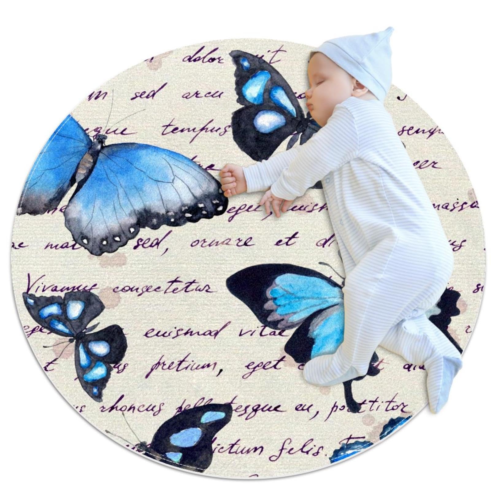 Tapis de salle de bain bleu papillon rond 1m antidérapant pour chambre