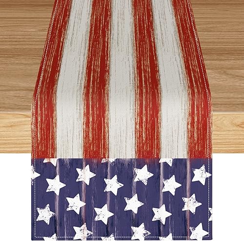 Camino de mesa patriótico para el 4 de julio, Día de los Caídos, bandera estadounidense, estrellas y rayas, camino de mesa de granja para Estados