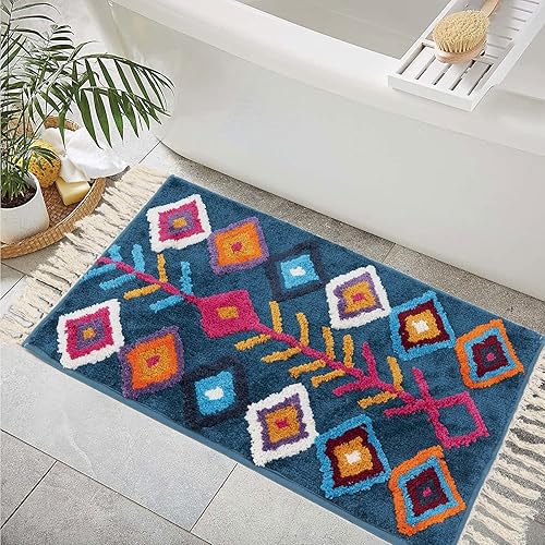 Alfombra de baño bohemia con borlas, color azul marino, antideslizante, con flecos, para casa de campo, alfombra de baño esponjosa, lavable para