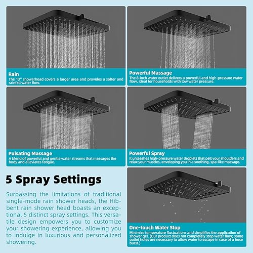 Miniatura 2 de Hibbent Cabezal de ducha con filtro de lluvia, 13 pulgadas, alta presión, 5 modos, brazo de extensión de cabezal de ducha de 16 pulgadas, extensor