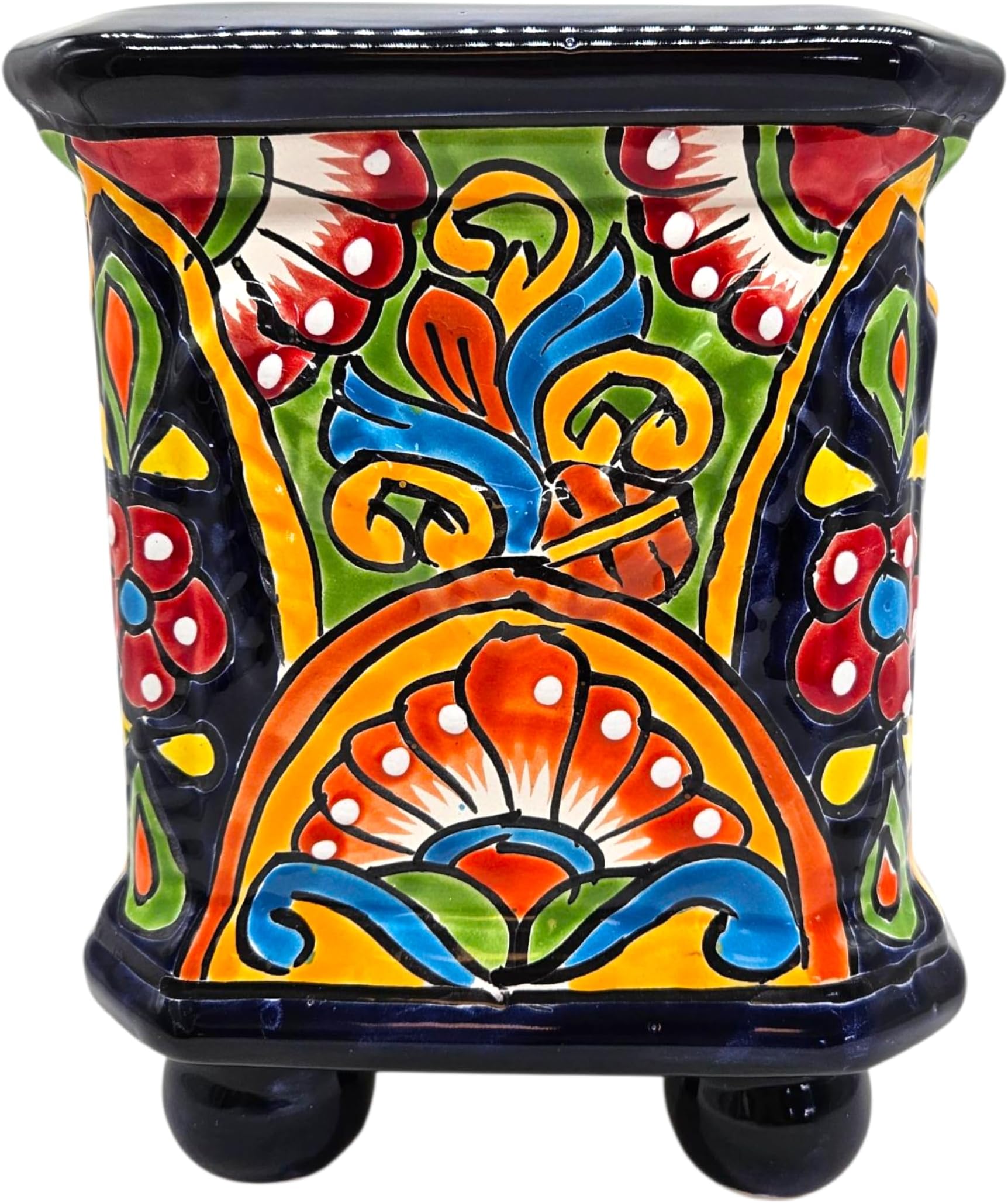 Square Planter with Feet Hand Painted Pot Indoor Outdoor Multi Colored Figure Glazed