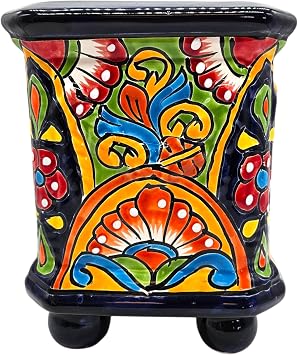 Square Planter with Feet Hand Painted Pot Indoor Outdoor Multi Colored Figure Glazed
