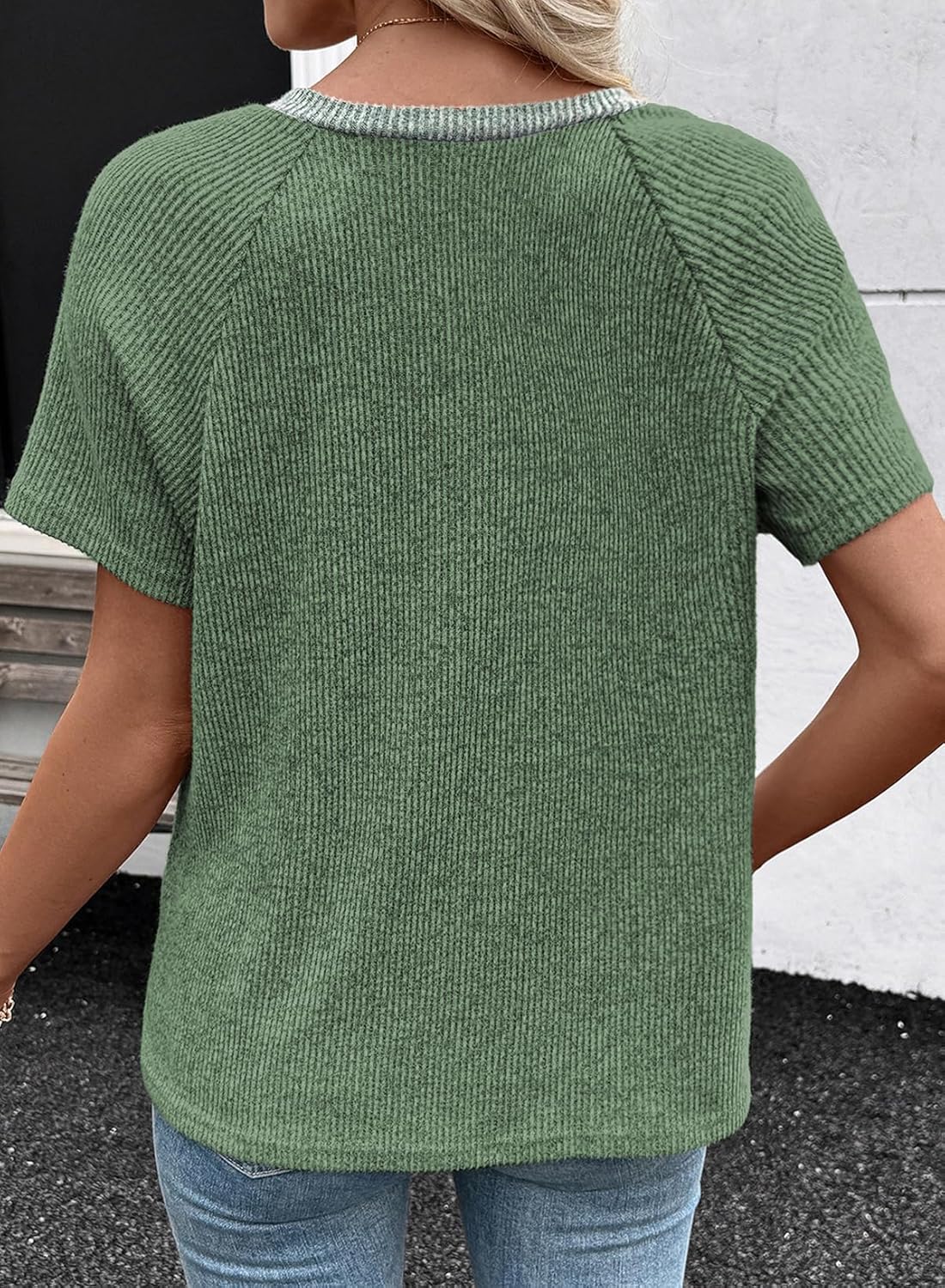 EVALESS Spring Summer Tops for Women Casual Short Sleeve T Shirts V Neck Henley Shirts Patchwork Button Up Knit Pullover Tops - Image 6