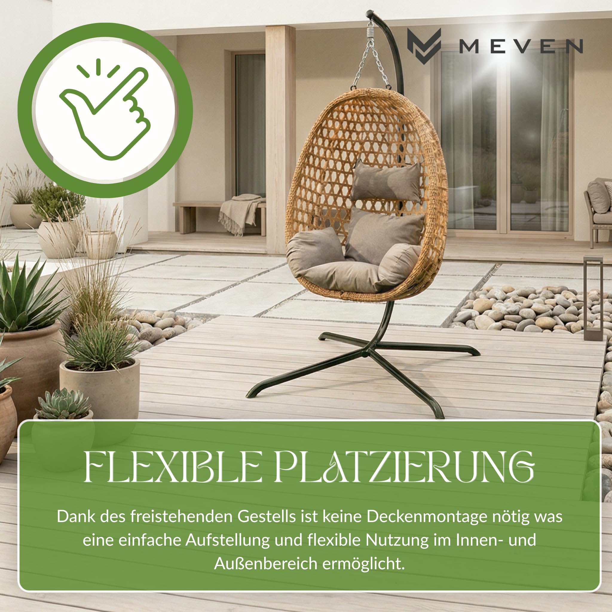 MEVEN Aura | Hängesessel mit Gestell natürlich Hängekorb Outdoor & Indoor | Schwebesessel Inklusive XXL Kissen Belastbarkeit 110kg | Luxus Korbsessel für Garten Balkon und Wohnzimmer Design Schaukel