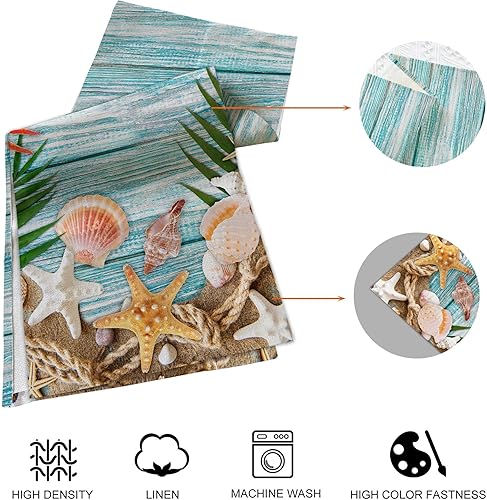 Miniatura 4 de Juego de 6 manteles individuales y camino de mesa tropical de verano de lino de madera azul turquesa, juego de tapetes de comedor lavables con