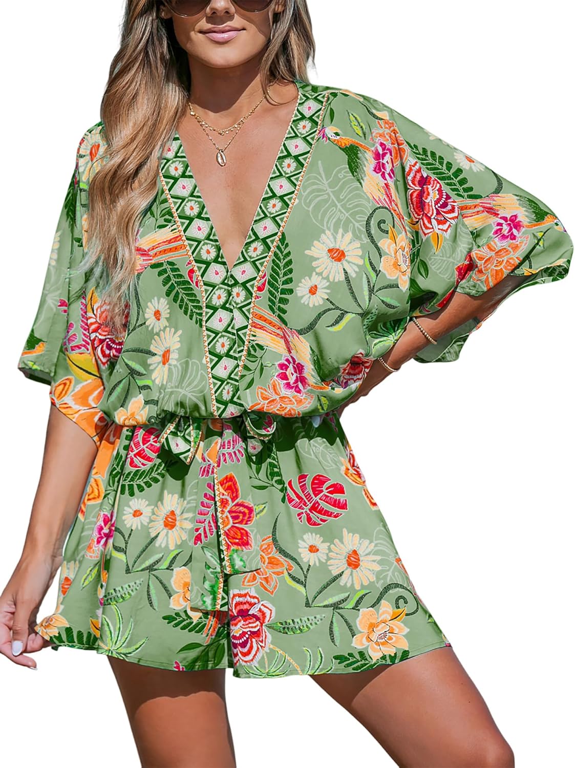 CUPSHE Women's Mini Dress V Neck Floral Half Dolman Sleeve Belted Loose Fit Short Summer Beach Dress