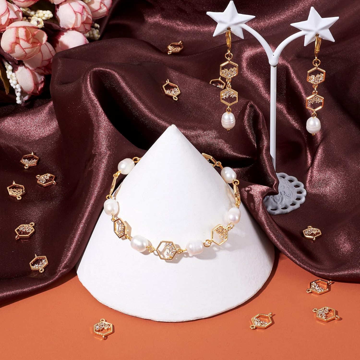 FASHEWELRY 30pcs Hollow Hexagon Cubic Zirconia Links 18K Gold Brass CZ Stone Crystal Pendants Connectors With Double Loops for Bracelet Necklace Earring Craft Jewelry - Image 5