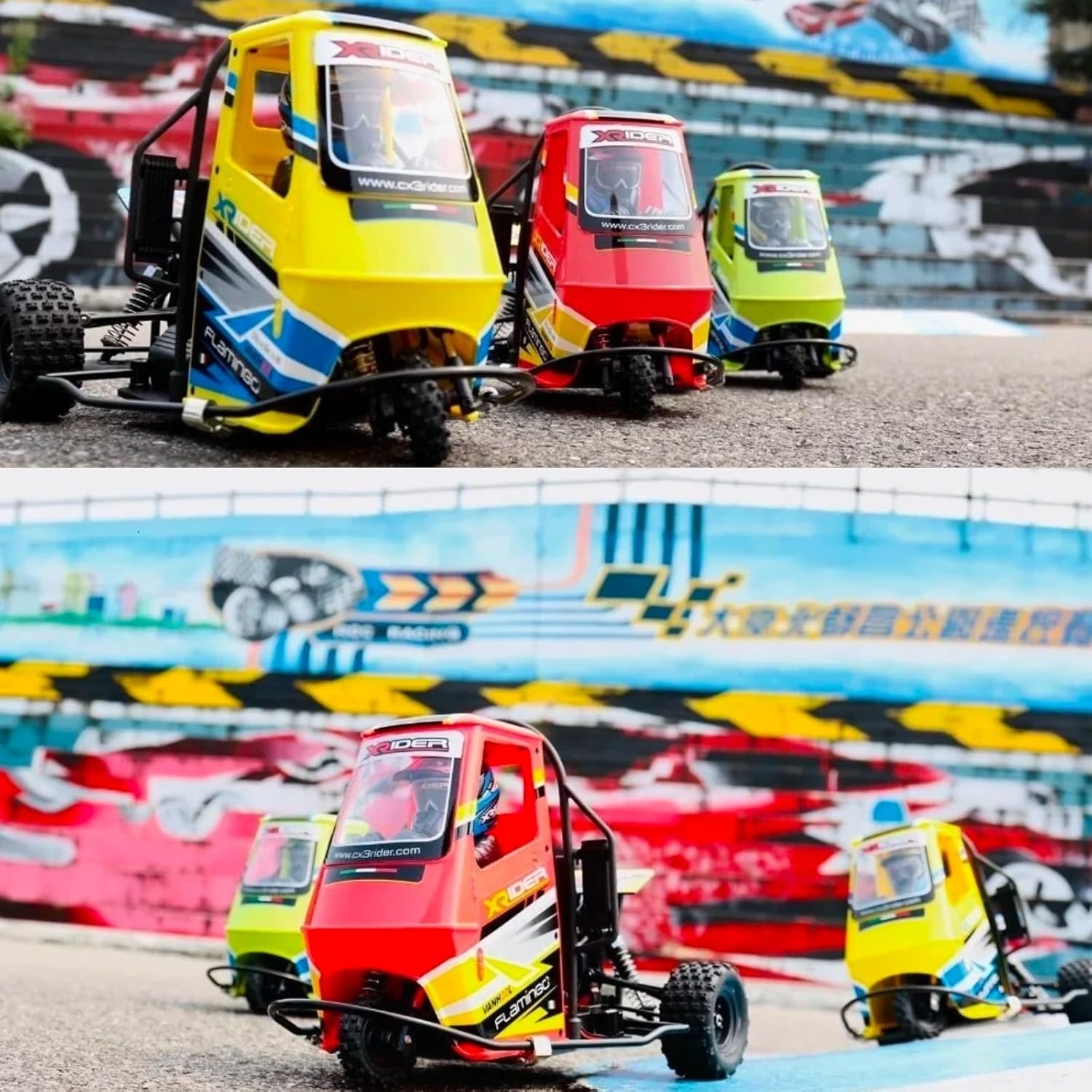 Three X-Rider Flamingos tricycles on a race track