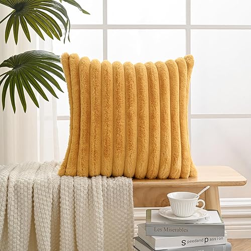 Miniatura 24 de Volcanics Paquete de 1 funda decorativa de felpa de piel sintética de doble cara de 18 x 18 pulgadas, fundas de almohada suaves y esponjosas a rayas