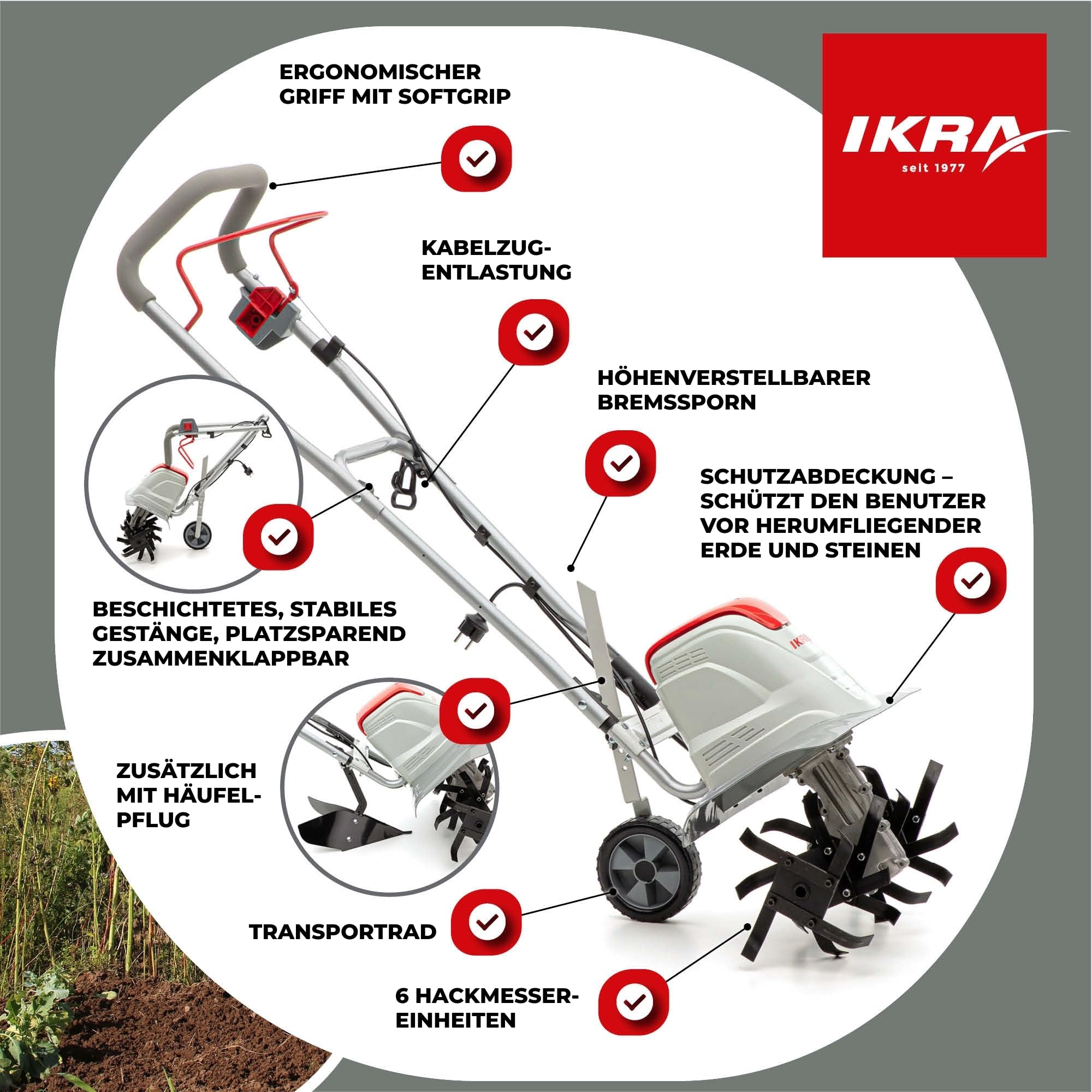 IKRA Elektro Bodenhacke FEM 1500, Breiten 17, 30 & 45 cm, inkl. Häufelpflug | Boden lockern und Saatbett vorbereiten, 1500W, Arbeitstiefe 23cm, Bremssporn, Transportrad, zusammenklappbar, Überlastschutz