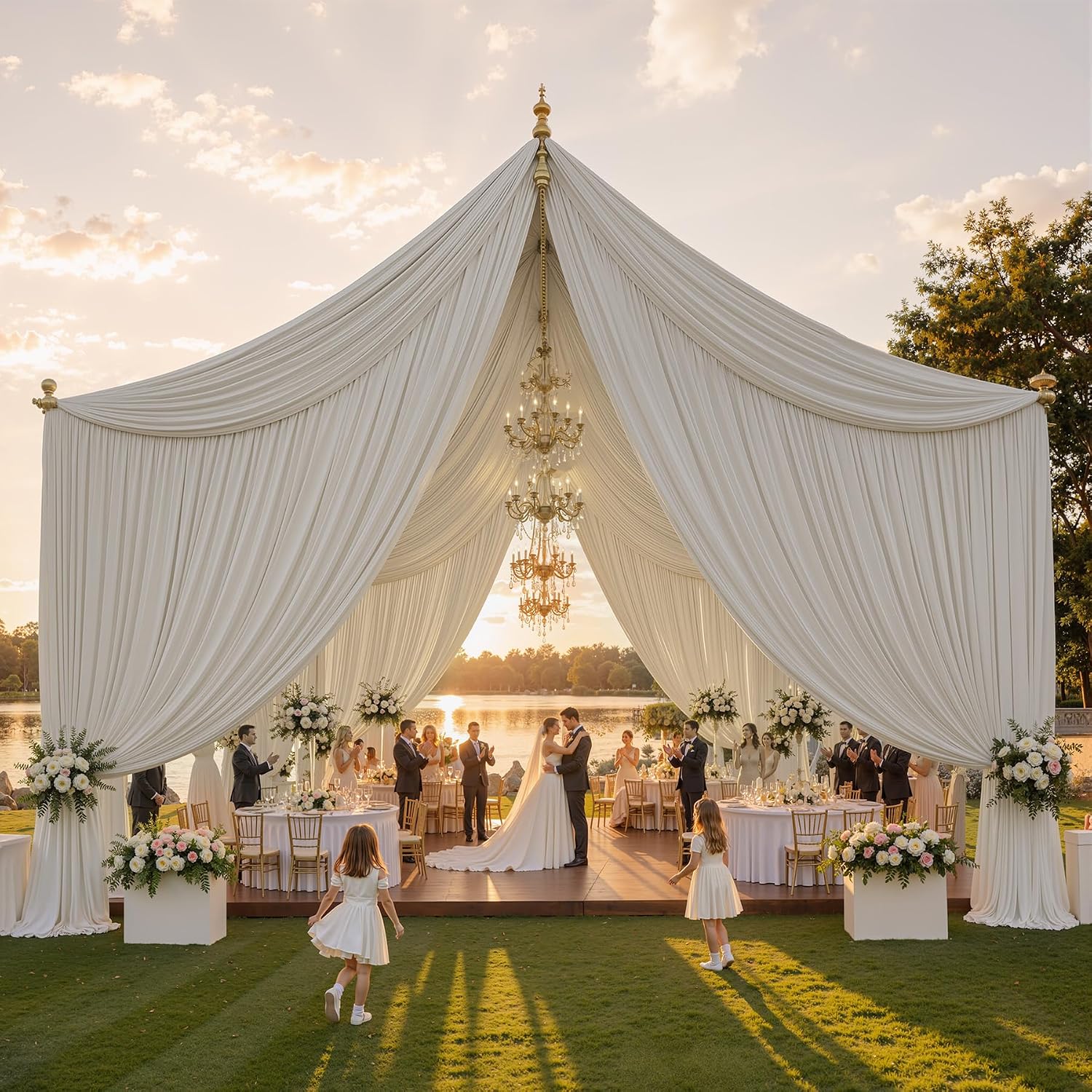 NSSONBEN 20ft×20ft Wrinle Free Beige Ceiling Drapes for Weddings Parties | 4 Panels 5ft×20ft Long Beige Ceiling Curtain Soft Smooth Draping Drapes for Outdoor Tent Canopy Event Church Stage Bedroom
