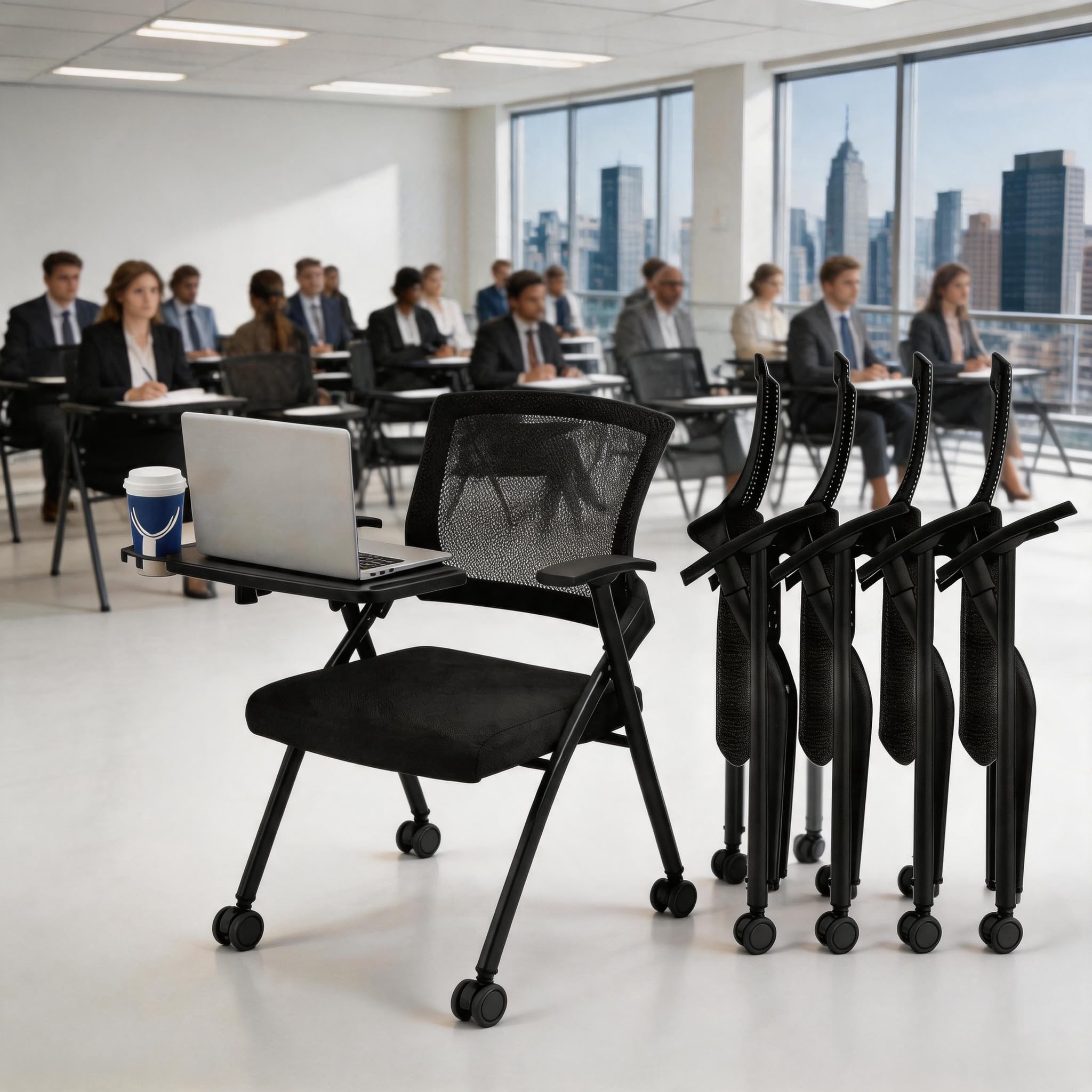 4 Pcs Folding Training Chairs with Desk Attached, Office Meeting Chair with Writing Tablet &amp; Cup Holder, Space-Saving Nesting Stackable Chairs with wheel for Conference Room,Seminar, Classroom