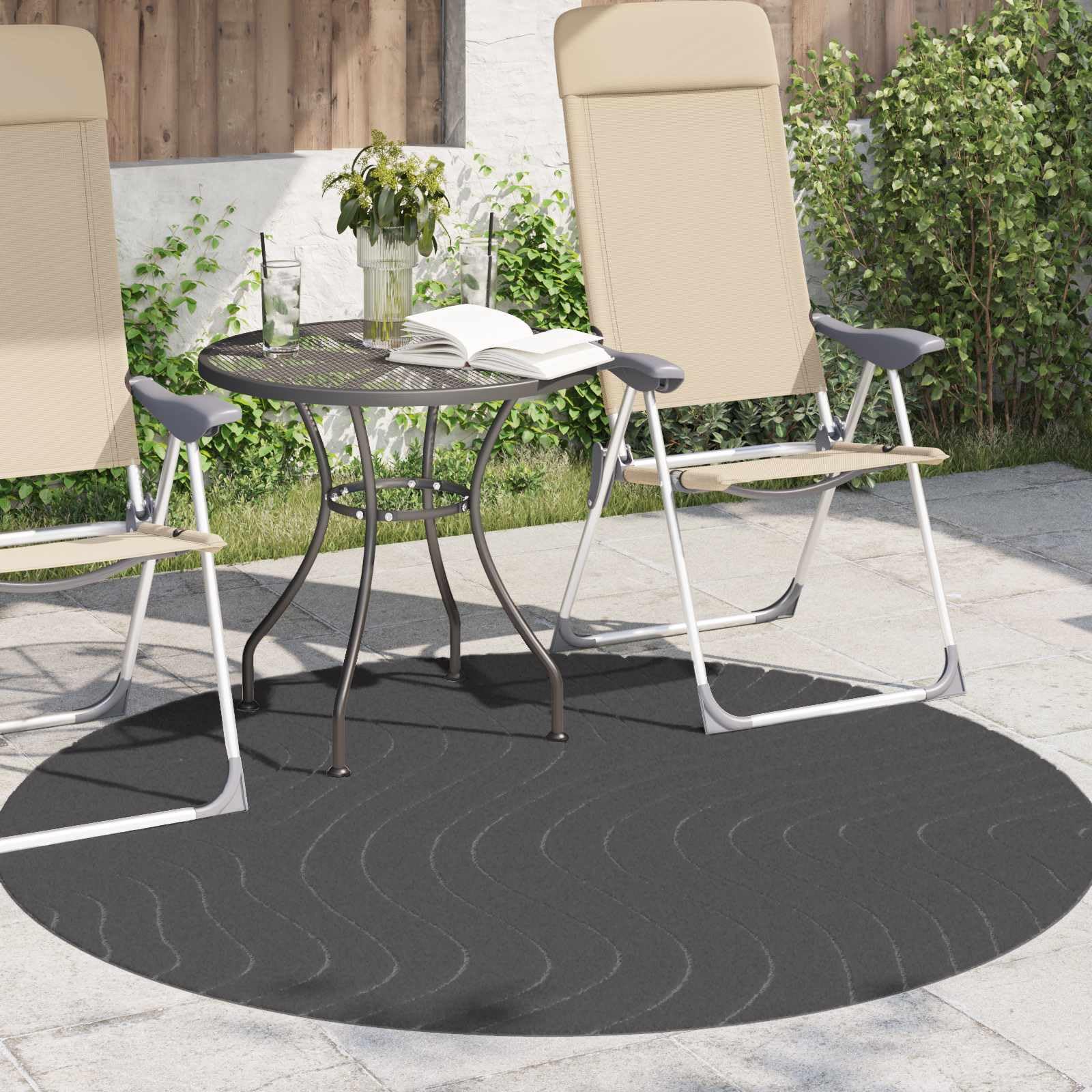 Palmeras Tapis rond, anthracite, en polyester, 160 cm de diamètre, antidérapant, lavable, pour salon, chambre à coucher, couloir, balcon, terrasse, design moderne, facile d'entretien