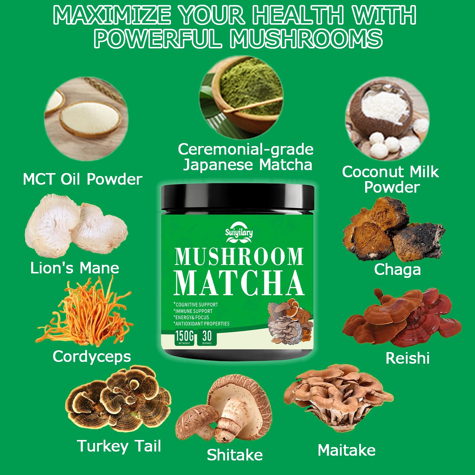 Mushroom Matcha Ceremonial Matcha Tea Powder with 7 Superfood Mushrooms Gluten Free Taste Great Hot or Cold Matcha — view 4