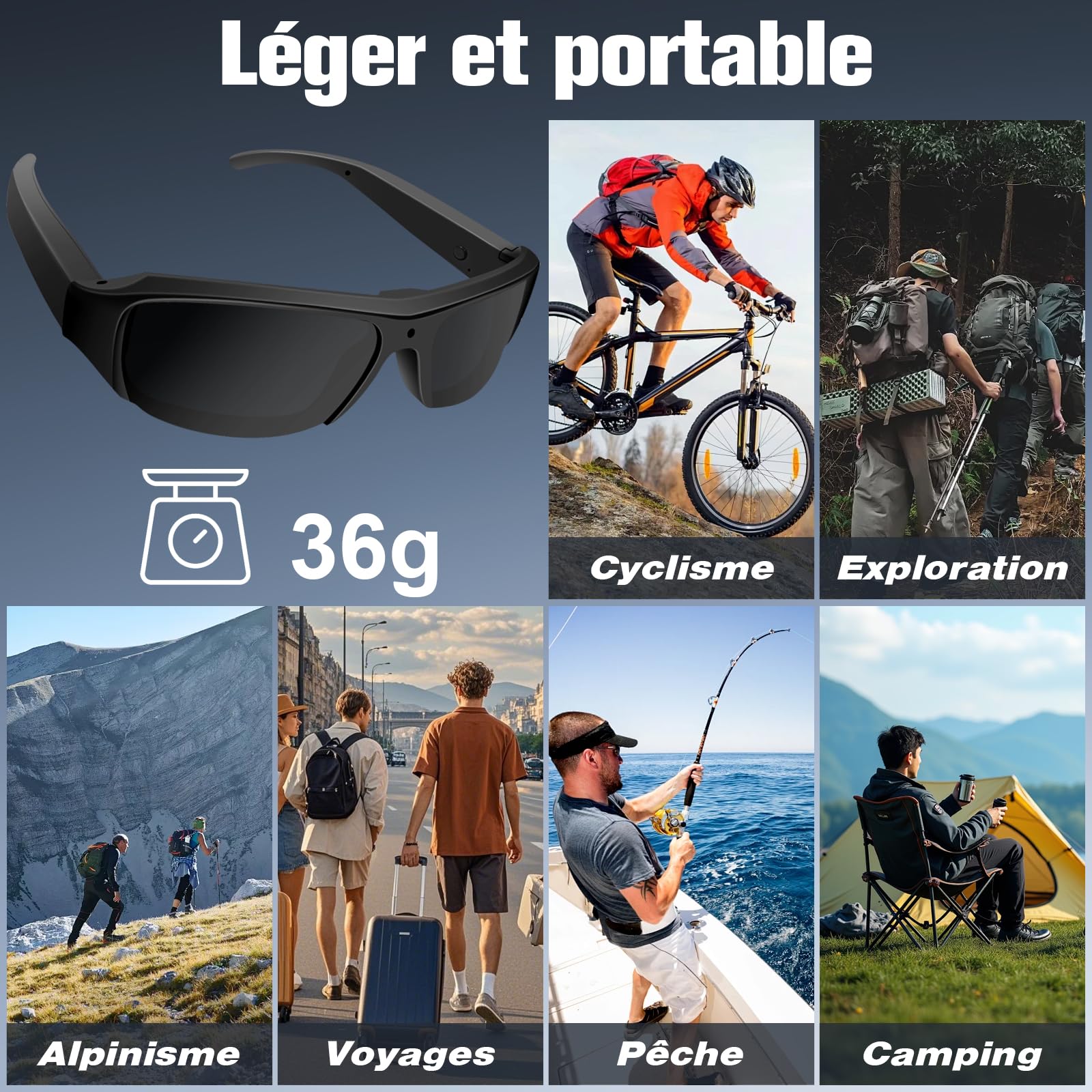 Lunettes Caméra HD1080P, Caméra d'action avec Lunettes de Soleil, Enregistreur Vidéo de Lunettes avec Carte Micro SD de 16 Go pour Le Camping, la pêche et d'autres activités de Plein air