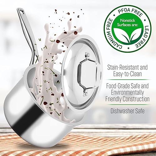 Miniatura 4 de NutriChef Cacerola de 3 cuartos con tapa, acero inoxidable sin PFOA/PFOS, resistente a las manchas, utensilios de cocina con interior satinado,