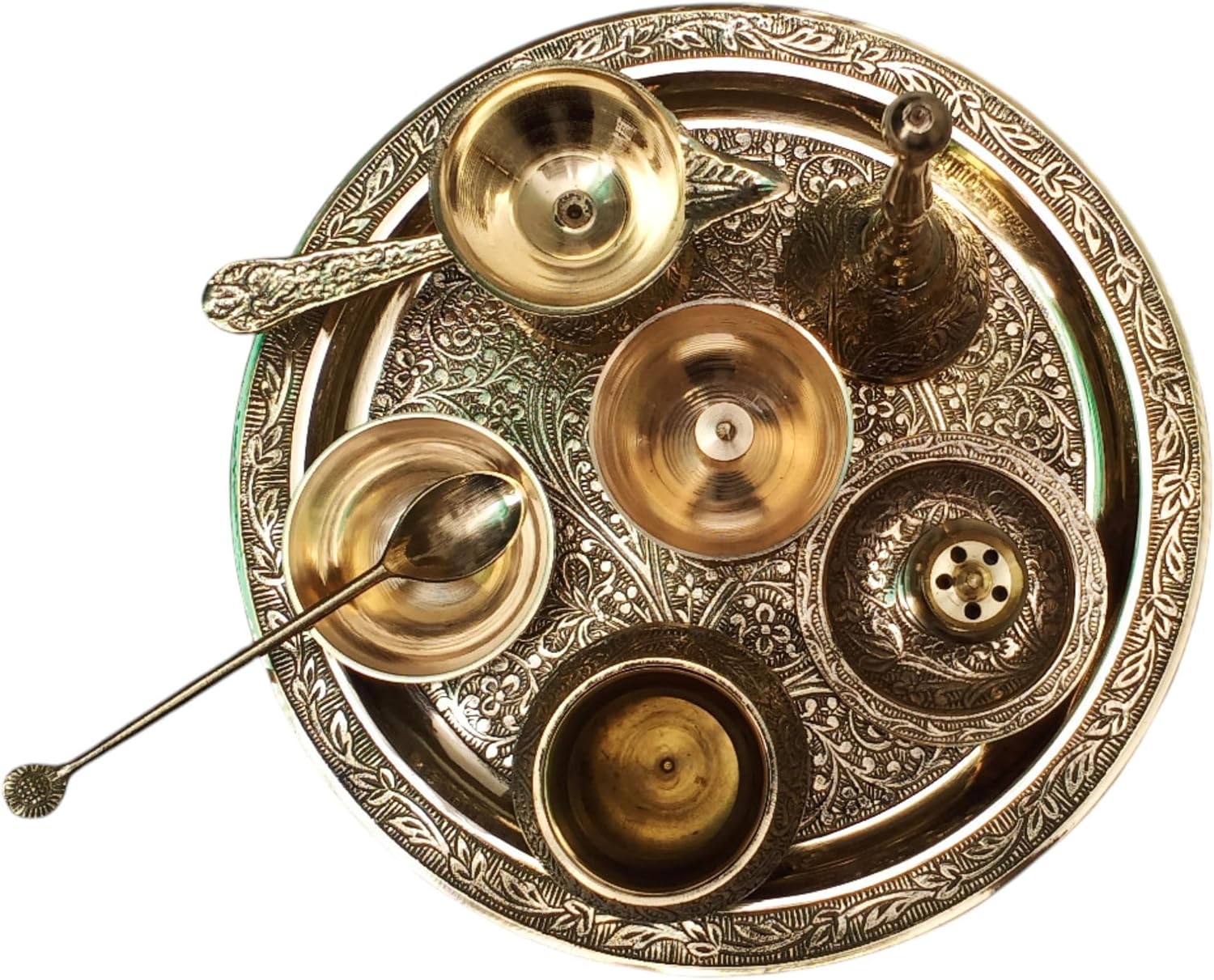 8 Inch Brass Puja Aarti Thali Plate | Handcrafted Akhand Jyoti Diya & Bhog Plate for Puja Rituals | Traditional Hindu Pooja Thali for Mandir, Temple, Festival & Home Décor | Spiritual Gift Item