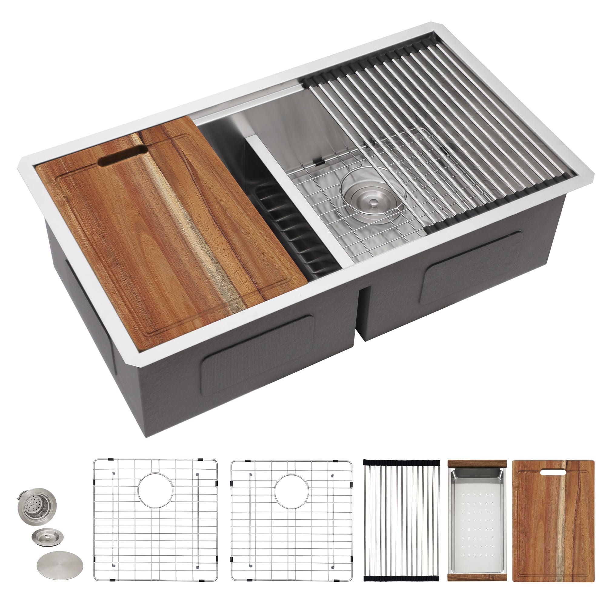 36 Undermount Kitchen Sink Double Bowl - Fulorni 36x19 Inch Kitchen Sink Ledge Workstation Low Divide Double Bowl 50/50 Split 16 Gauge 304 Stainless Steel Under Counter Basin