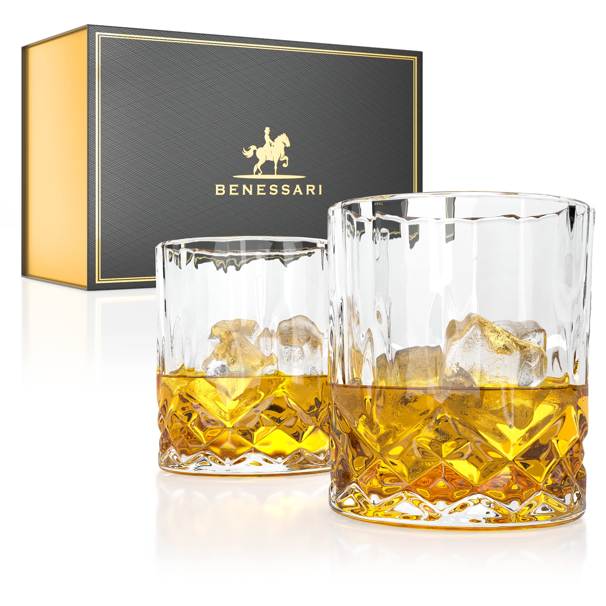 BENESSARI Whiskey Glasses Gift Set - Premium Old Fashioned Whisky Tumbler Gifts for Men or Woman Birthday; Rocks Whiskey Gift Box Set of 2 | Lead-Free Crystal Glasses for Bourbon, Scotch, Cocktail Set