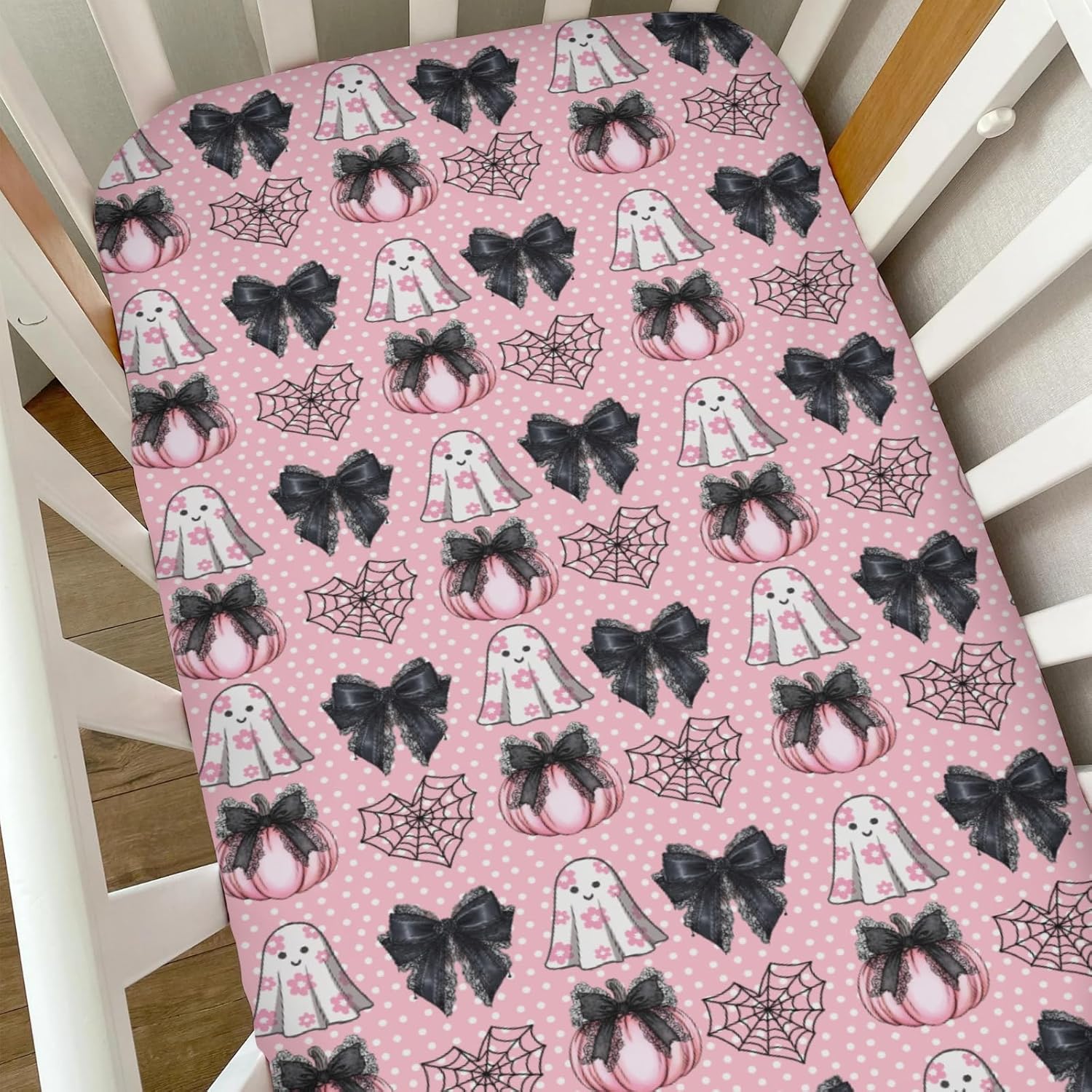 Cute Pumpkins Spiderwebs Bows Baby Crib Sheets for Girls Pink Halloween Soft Snug Fitted Crib Mattress Covers for 52''x28'' Standard Crib & Toddler Mattress Spooky Halloween Nursery Bed Sheets
