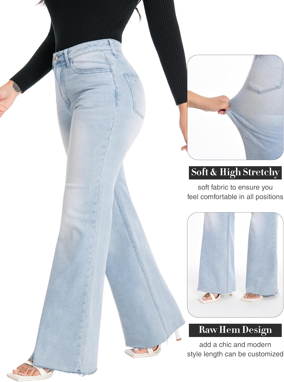 ONESO Wide Leg Jeans for Women High Waisted Stretchy Baggy Jeans BBL Loose Fit Tummy Control Denim Pants Raw Hem Casual - Image 4
