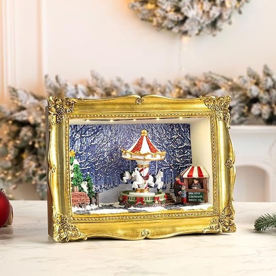 Mr. Christmas 90th Anniversary Gold Resin Frame Shadow Box with Carousel