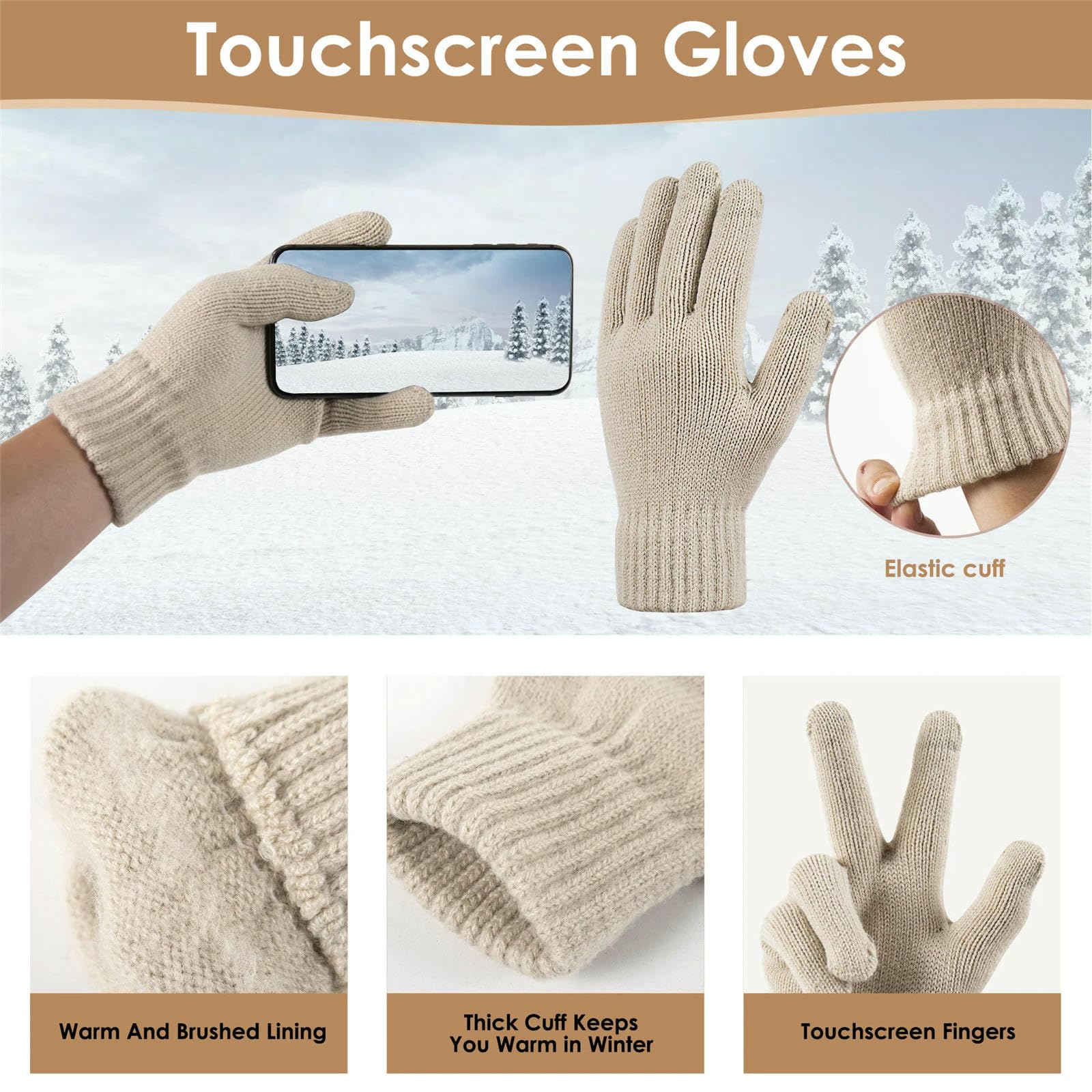 Mütze,Schal & Handschuh-Sets Wintermütze Für Damen Mit Gedrehtem Bommel Und Fleecefutter Sowie Set Aus Strickhandschuhen Schal, Geeignet Zum Warmhalten -beige-einheitsgröße