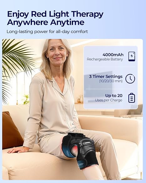 4-in-1 Cordless Knee Massager with Heat and Red Light Therapy for Knees, 6 Vibration & 4 Pulses Knee Pain Relief Device for Shoulder Elbow, Perfect for Women Men Seniors