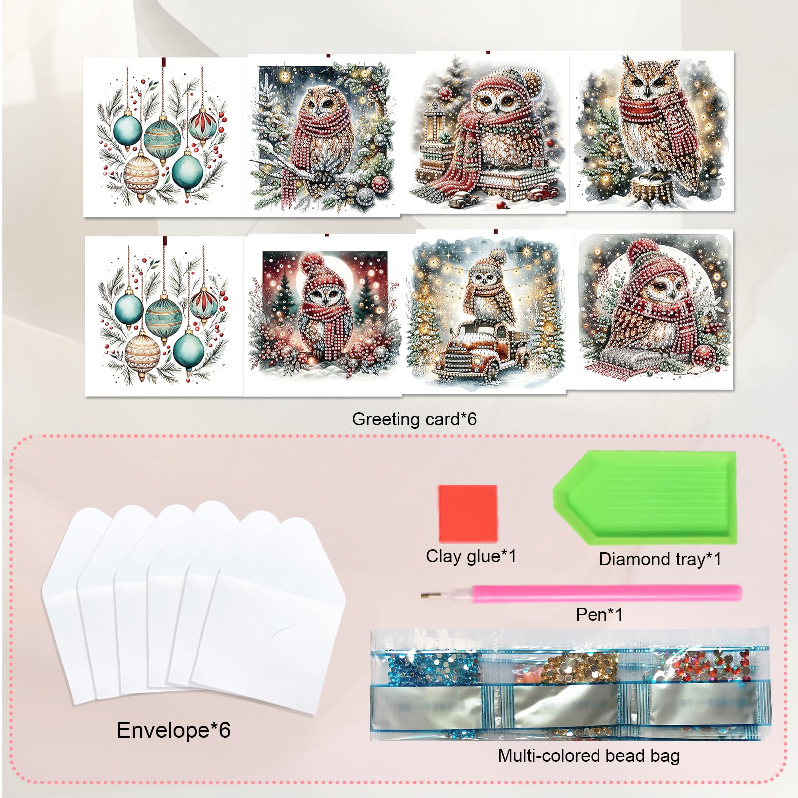 Lot 6 Cartes De Vœux Noël 5D Diamond Painting Avec Enveloppes - Broderie Diamant DIY Père Noël Renne