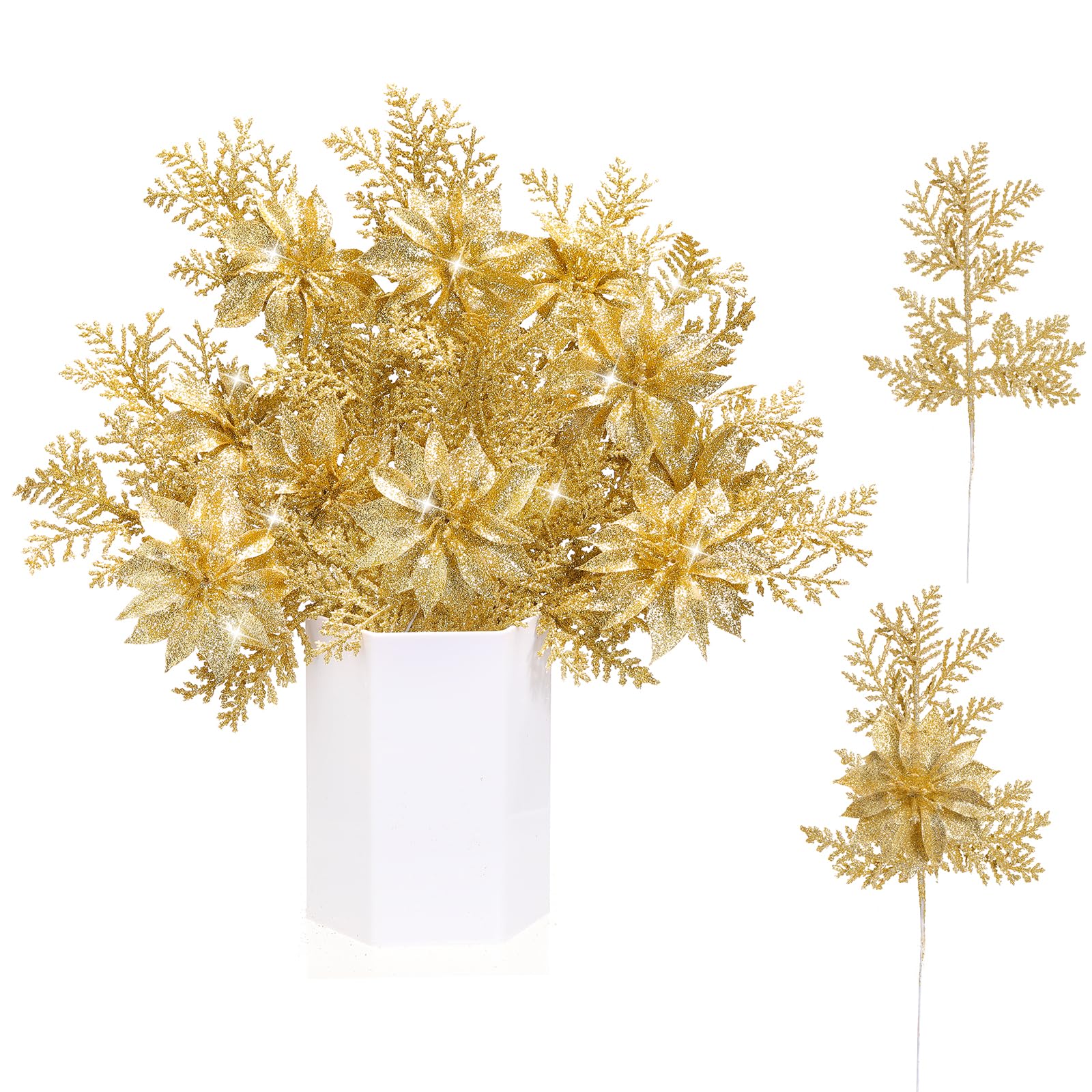 Thiccywoov Künstliche Weihnachtssterne mit Clips, 26,7 cm, künstliche Blumenzweige, Tannenstiel, künstliche Zweige für Girlande, Kranz, Haus, Garten, goldfarben, 12 Stück
