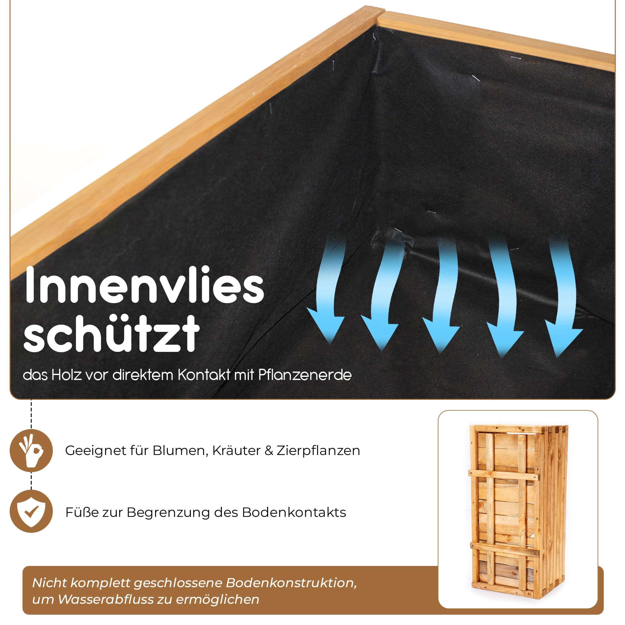 BooGardi Pflanzkübel groß außen & innen mit Vlies · Pflanzkasten rechteckig in 10 Größen · 120 cm lang naturbraun · Hochbeet Holz für Garten, Balkon & Terrasse · Blumenkasten XXL