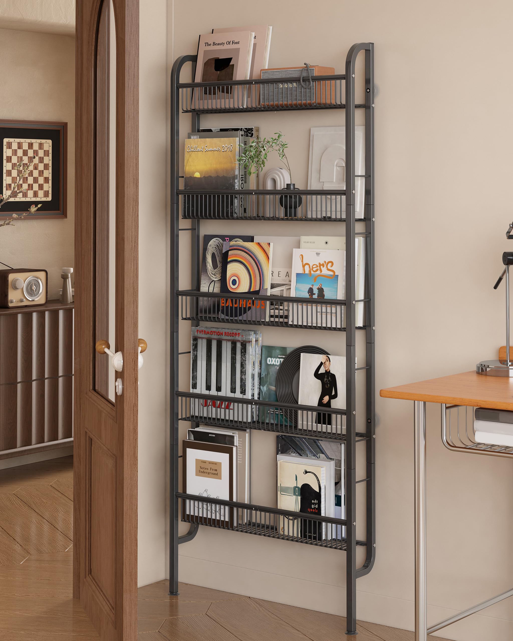 UMDONX Narrow Metal Storage Shelf Behind Door Organizer 5 Tier, Bookshelf Bookcase Book Rack Bathroom Shelving Unit Multifunctional (Black 62x9x160cm)