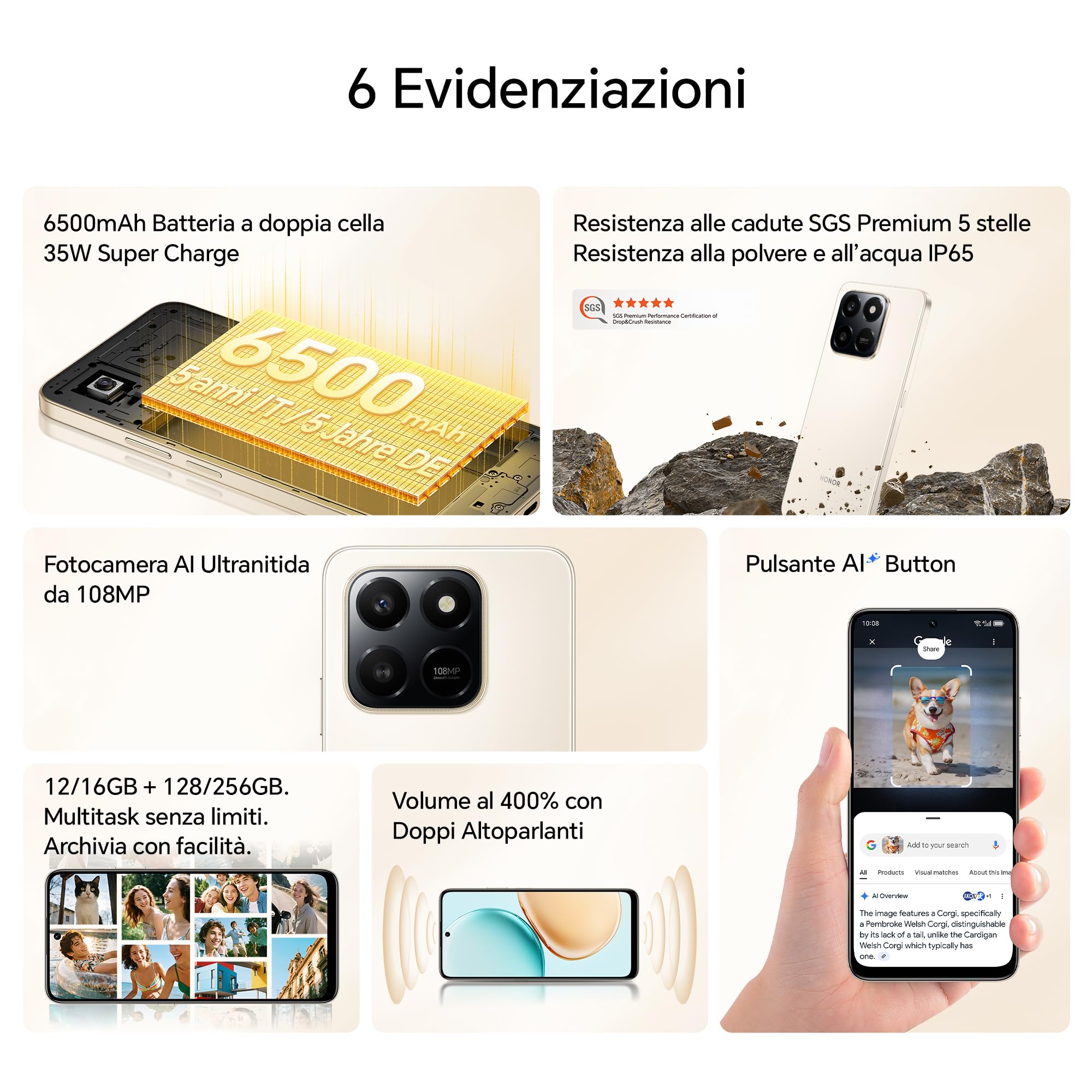 HONOR 400 Smart 4G Smartphone Dual SIM NFC Android 15, 8+256GB, 108MP+2MP con Pulsante AI Telefono, 6500mAh Dual Cell Batteria, 6.77 Pollici 120 Hz Comfort Display, 5 stelle SGS&IP65, Desert Gold