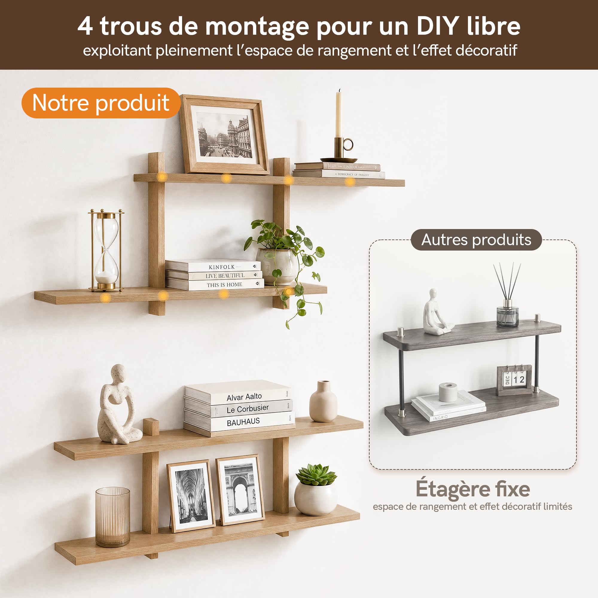 Afuly Étagère Murale Réglable 2 Niveaux Chêne Blanc pour Salon Déco, 80 cm | Étagères flottantes réglables, pour livres, plantes et cadres, salon, chambre, cuisine et salle de bain