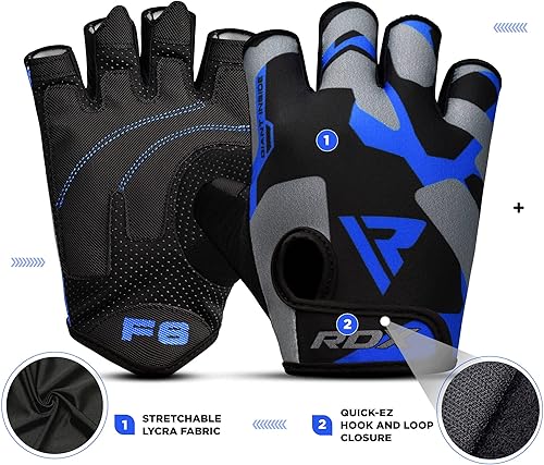Miniatura 10 de RDX Guantes de levantamiento de pesas para gimnasio, entrenamiento de fitness, palma acolchada antideslizante, equipo de entrenamiento de fuerza