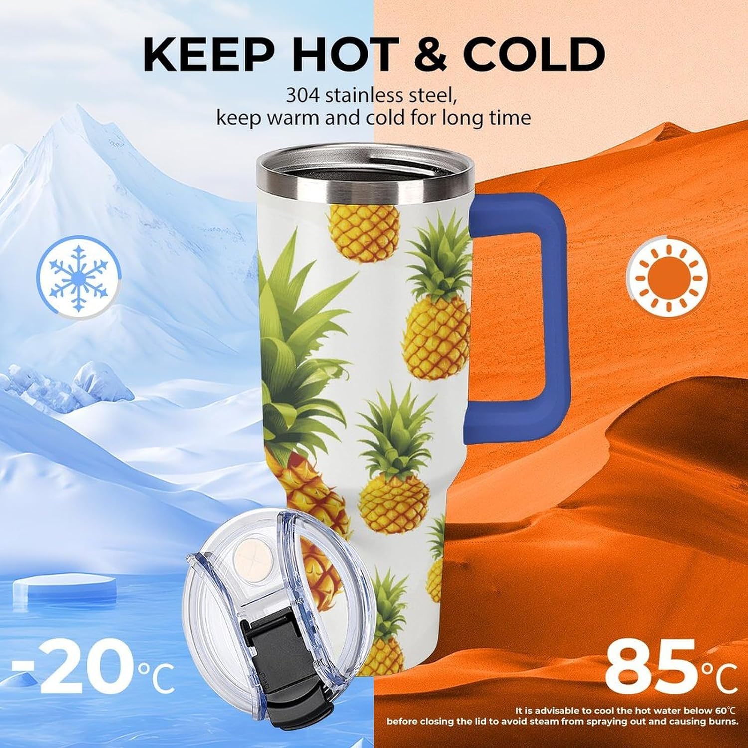 Pineapple Illustration Travel Coffee Mug Reusable Durable Stainless Steel Insulated Tumbler with Handle And Straw Leak Resistant Portable Thermal Cup Gifts for Men Women 40 Oz