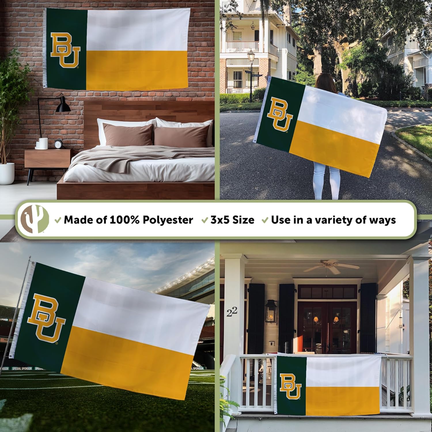 Desert Cactus Baylor University BU Flag - 3 x 5 Feet Bears Banner, Indoor/Outdoor Durable Fabric, 100% Polyester Design (Style A) - Image 3