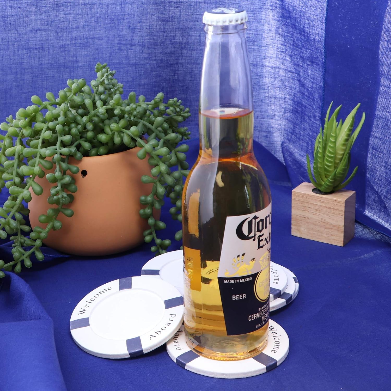 Set of 6 Welcome Aboard Coasters With Cast Iron Anchor Beer Opener