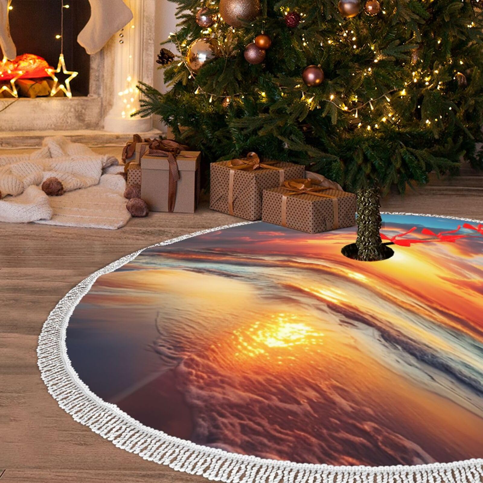 Jupe de sapin de Noël 122 cm tapis blanc peluche avec pompons