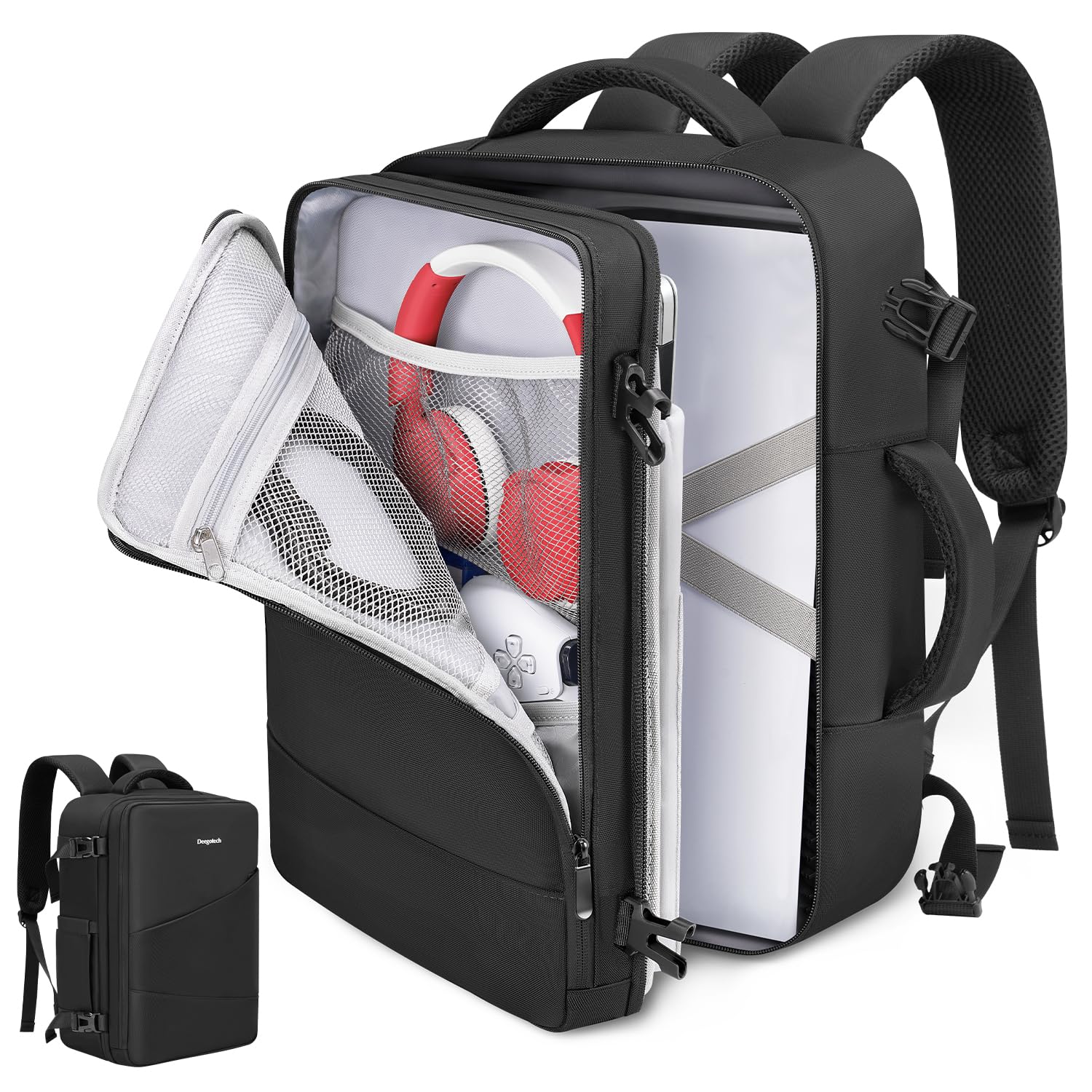 Deegotech Carrying Case Compatible with PS5/PS5 Pro/PS5 Slim, Protective Travel Bag Backpack Compatible with Playstation 5 Console, Disc, Accessories and 15.6" Laptop, Black