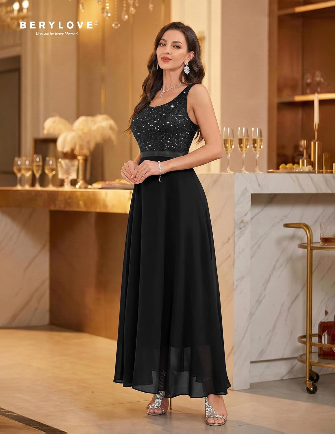 BeryLove Sequin Formal Dress for Woman A Line Lace Prom Dresses Sleeveless Cocktail Maxi Gowns - Image 5