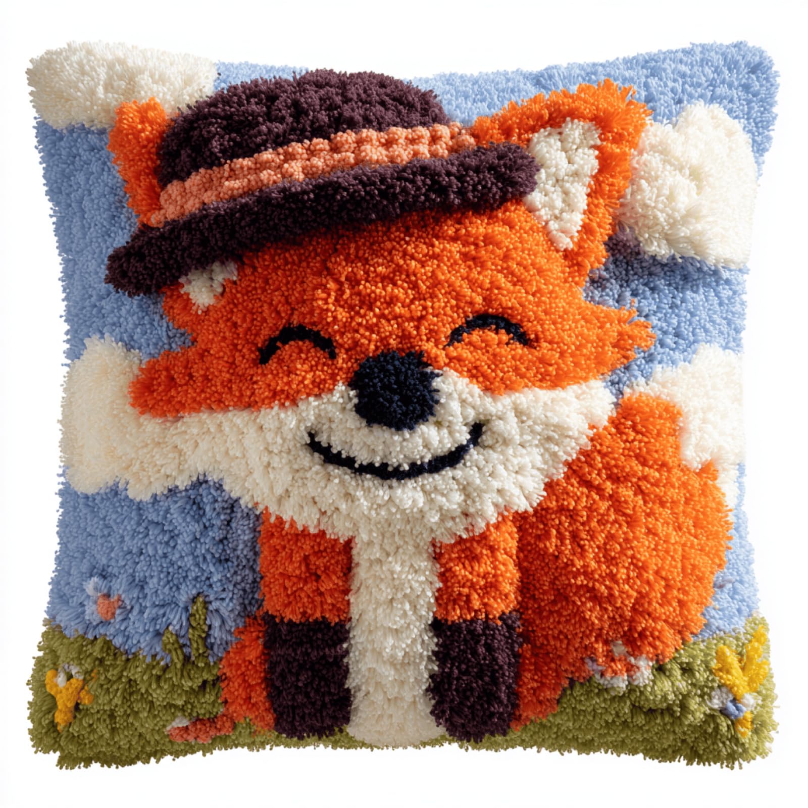 kitphoenix DIY Cushion Making Kit,Latch Hook Cushion Kit 43x43 cm with Colour Printed Canvas,Pre-Cut Yarn,Crochet Hook and Step-by-Step Instructions for Beginners and Adults,Animal Fox